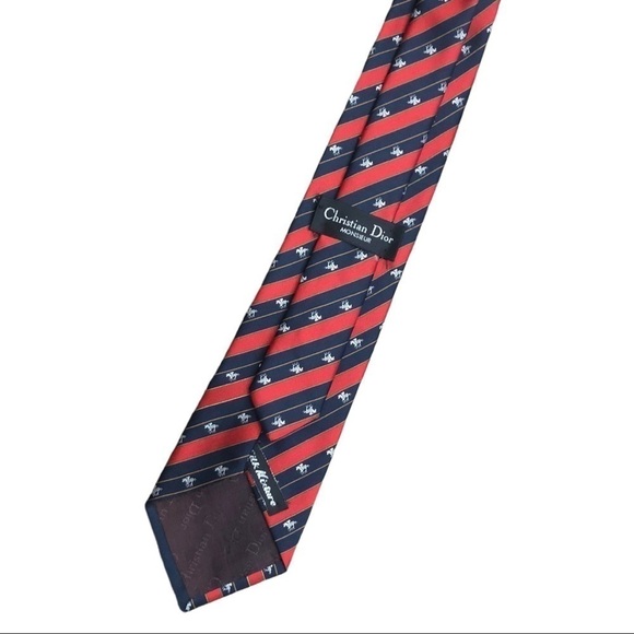 𝅺CHRISTIAN Dior Monsieur Vintage Tie Red Blue Stripe White Horse Print